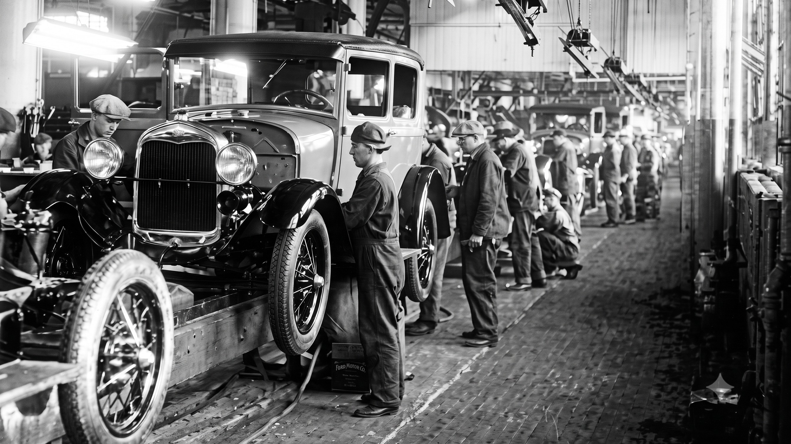 Línea de montaje Ford antigua con operarios atornillando ruedas a mano