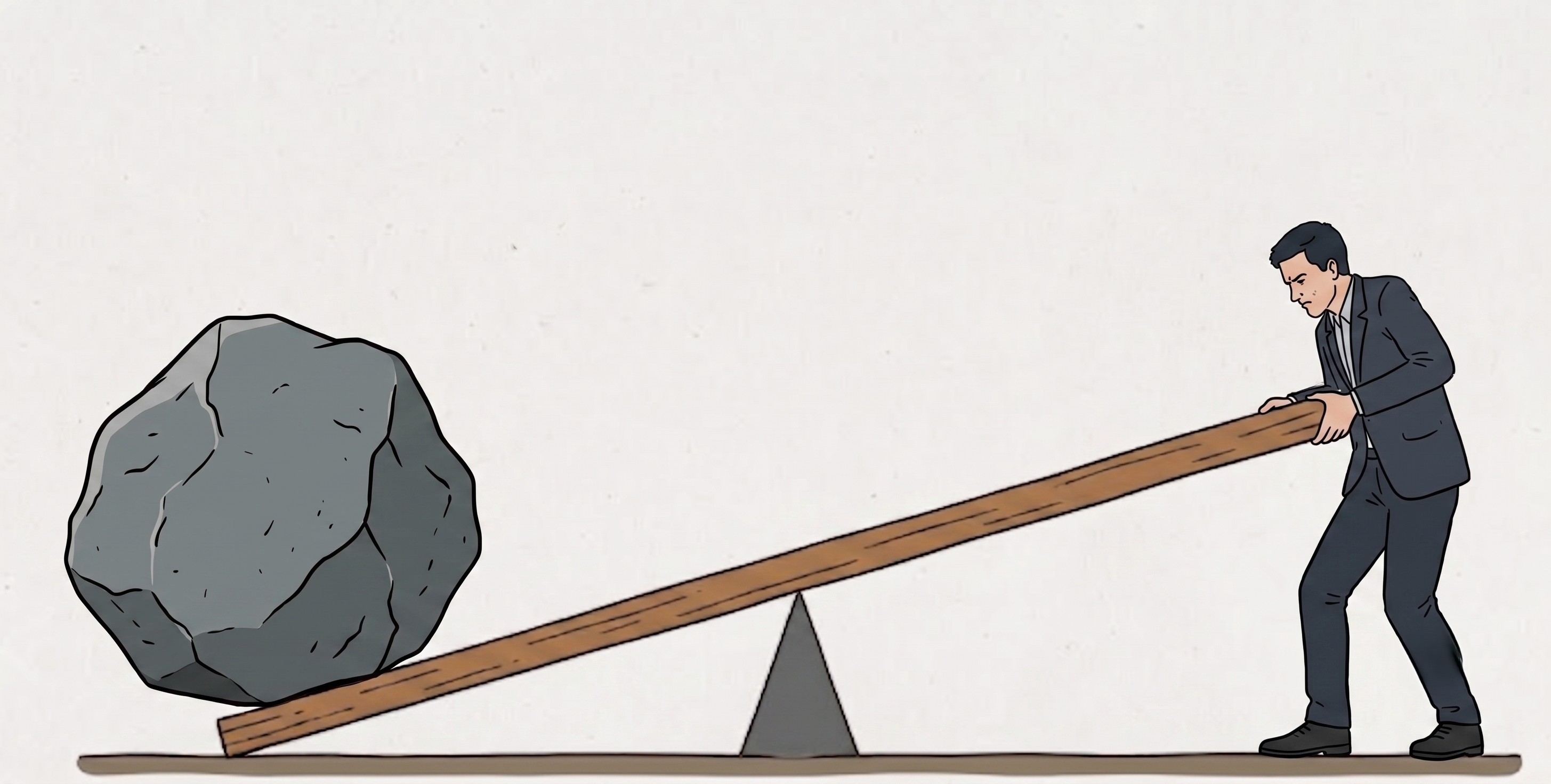 Hombre apalancando una roca enorme con una palanca de madera — metáfora del Empresario Exponencial